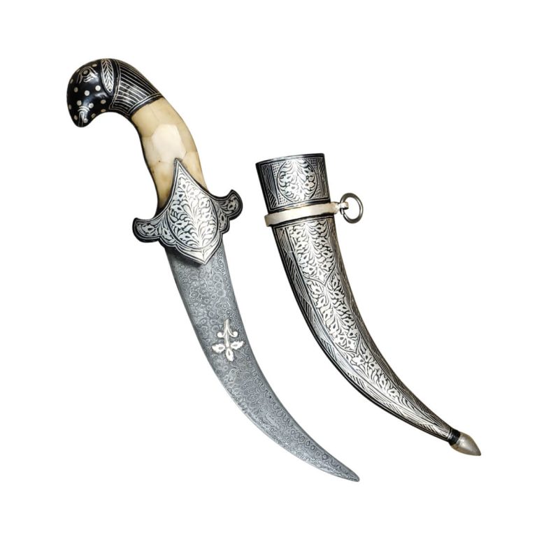 Damascus and Koftgari Inlay Indian Dagger with Bone Grip