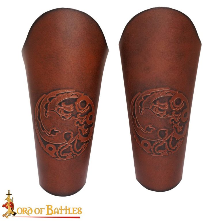 Embossed Three Headed Dragon Leather Bracers Set