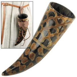Medieval Drinking Horn with Brown Leather Holder