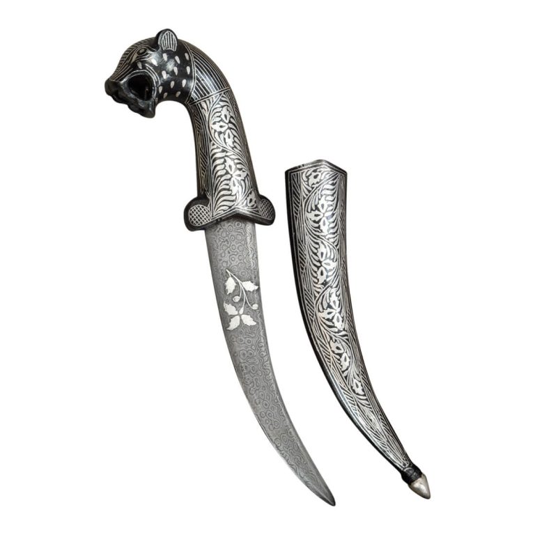 Small Damascus and Koftgari Inlay Indian Dagger with Tiger Head Pommel
