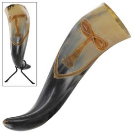 Vroulike Tribal Face Drinking Horn with Hand Forged Rack