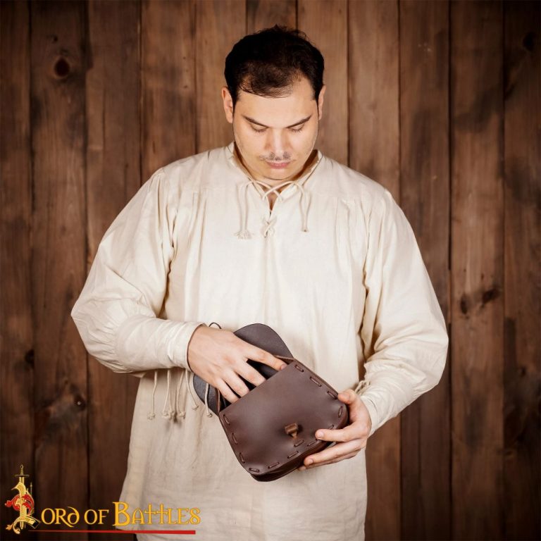 Brown Leather Pouch with Leather String Clasp