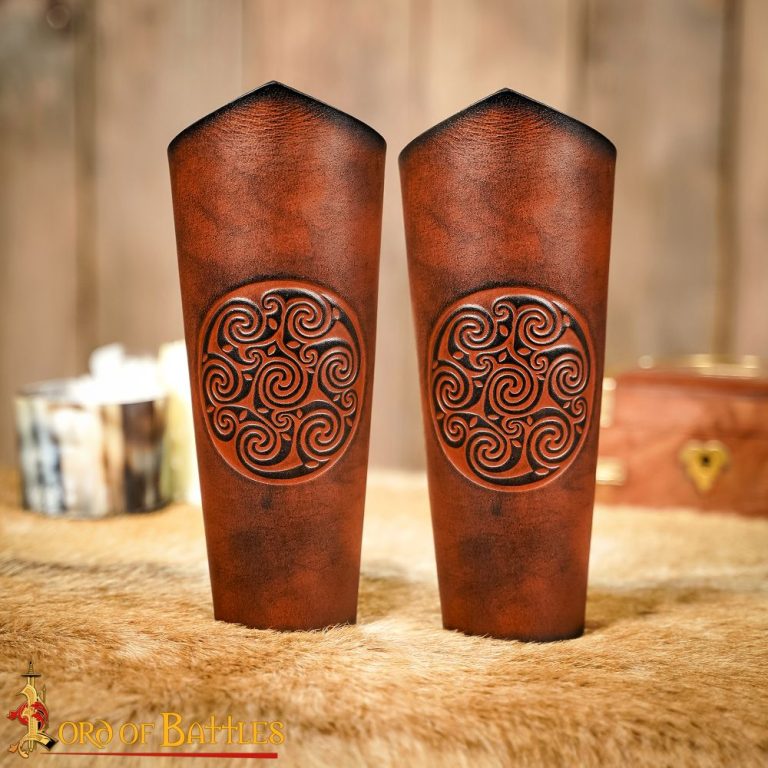 Celtic Spiral Embossed Leather Bracers  Brown