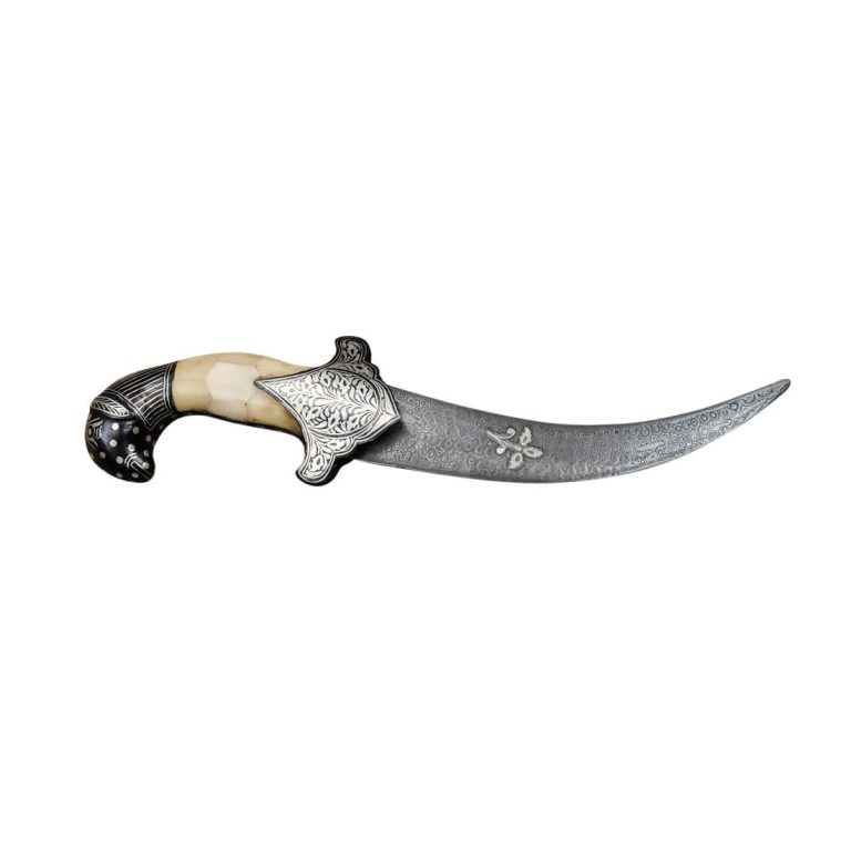 Damascus and Koftgari Inlay Indian Dagger with Bone Grip