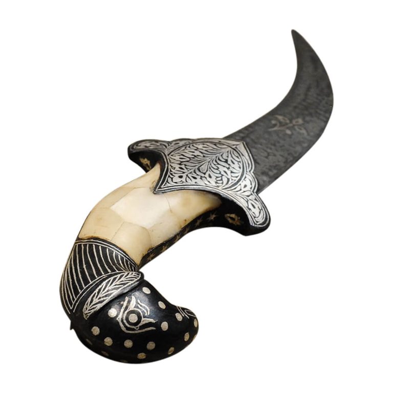 Damascus and Koftgari Inlay Indian Dagger with Bone Grip