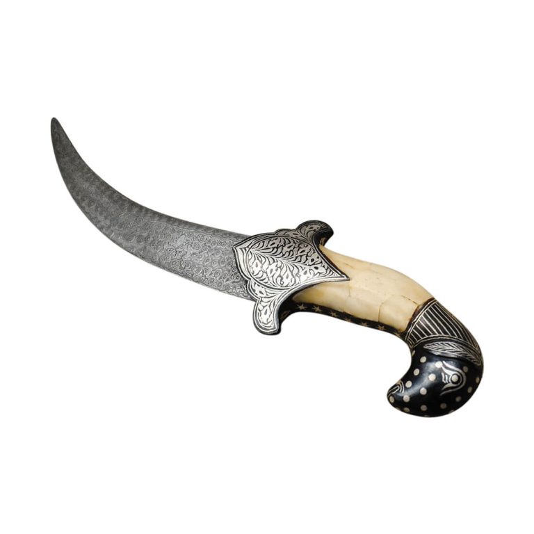 Damascus and Koftgari Inlay Indian Dagger with Bone Grip