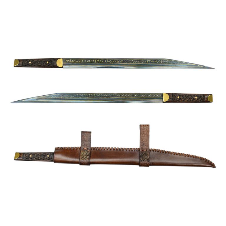 Deluxe Gold-Inlay Seax of Beagnoth with Wooden Wall Mount and Leather Scabbard