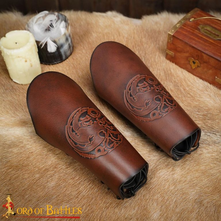 Embossed Three Headed Dragon Leather Bracers Set
