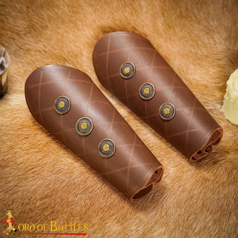 Leather Bracers with Antiqued Brass Medallions Set