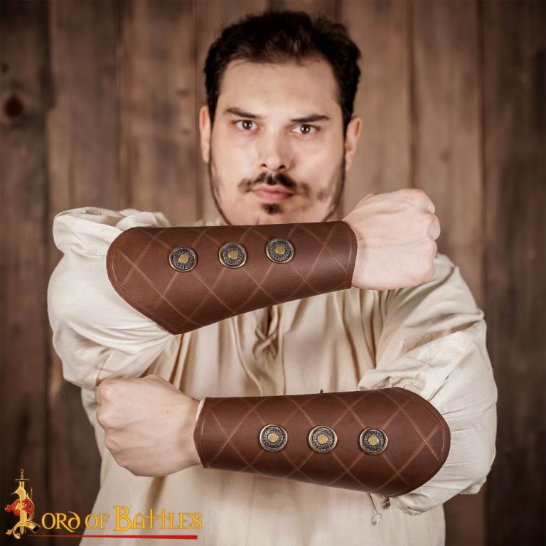 Leather Bracers with Antiqued Brass Medallions Set