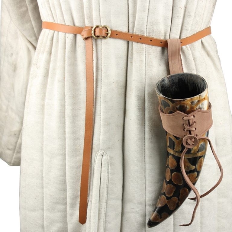 Medieval Drinking Horn with Brown Leather Holder