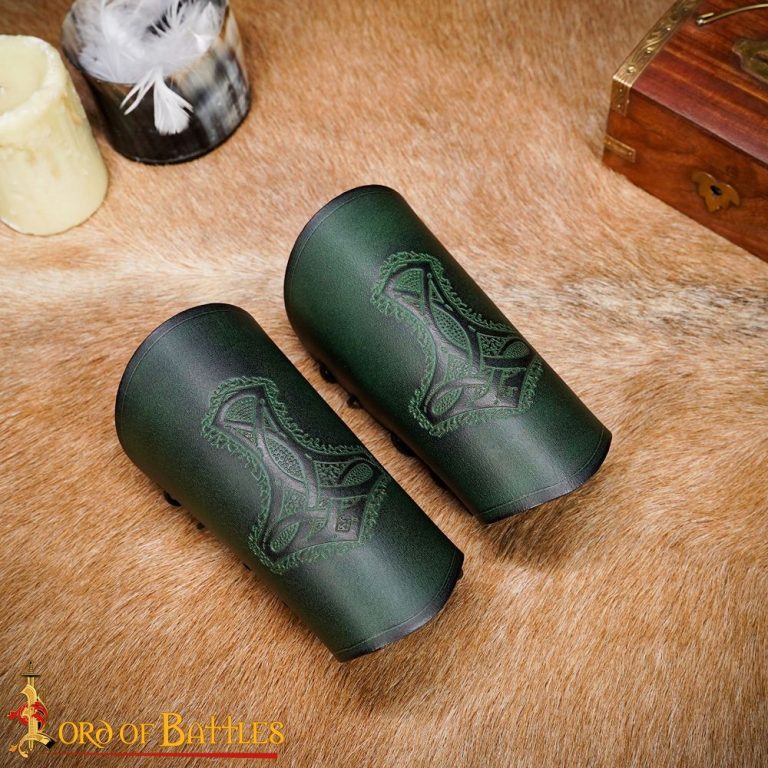 Norse Thors Hammer Mjolnir Leather Bracers Set
