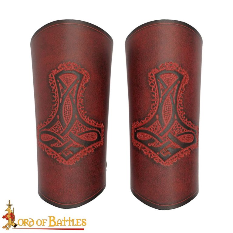 Norse Thors Hammer Mjolnir Leather Bracers Set