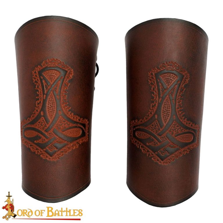 Norse Thors Hammer Mjolnir Leather Bracers Set