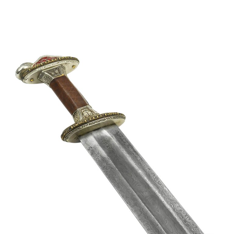 Scandinavian Vendel Chieftain's Sword with Damascus Blade - Tin Plated with Brass Hilt Accents
