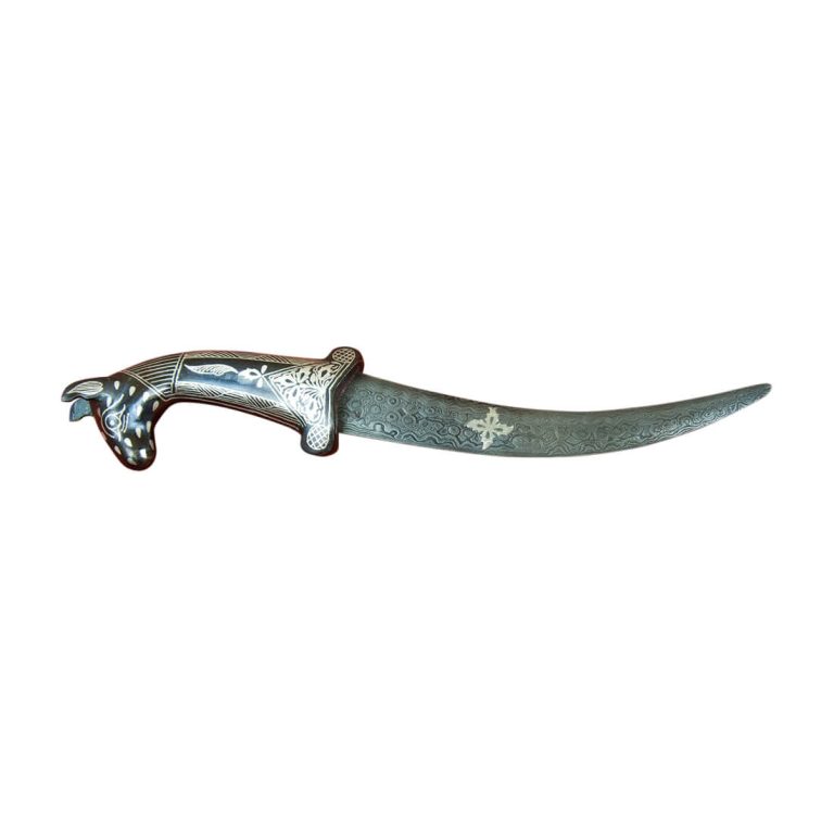 Small Damascus and Koftgari Indian Dagger with horse pommel