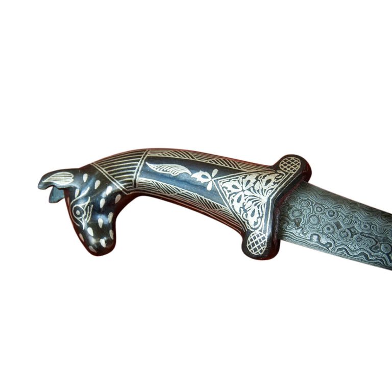 Small Damascus and Koftgari Indian Dagger with horse pommel