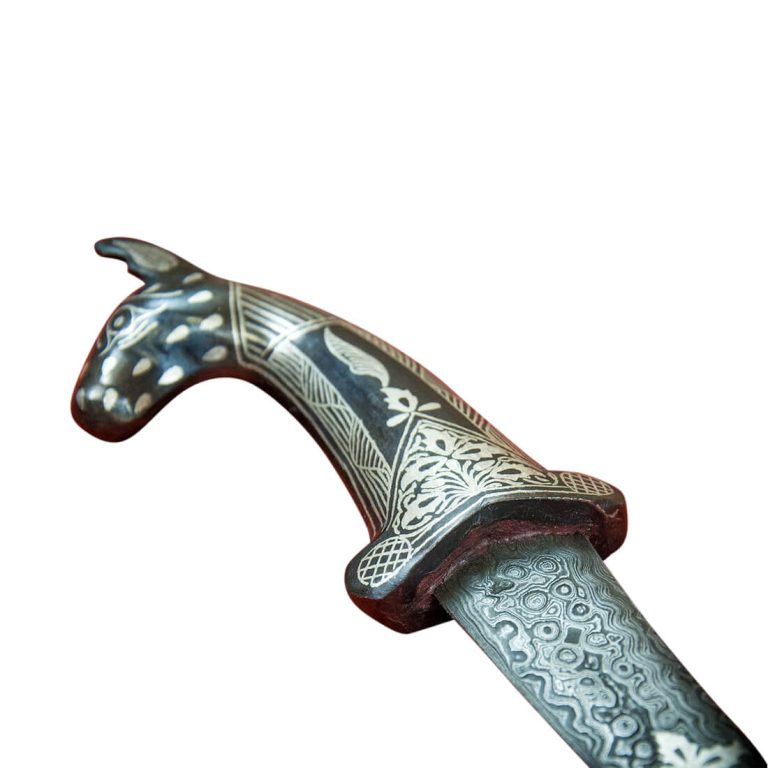Small Damascus and Koftgari Indian Dagger with horse pommel