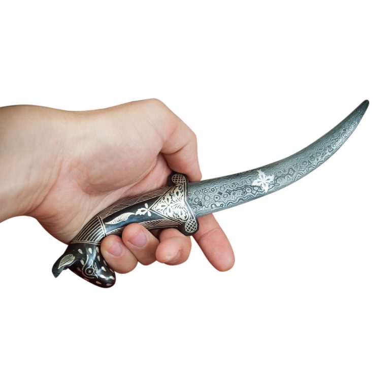 Small Damascus and Koftgari Indian Dagger with horse pommel