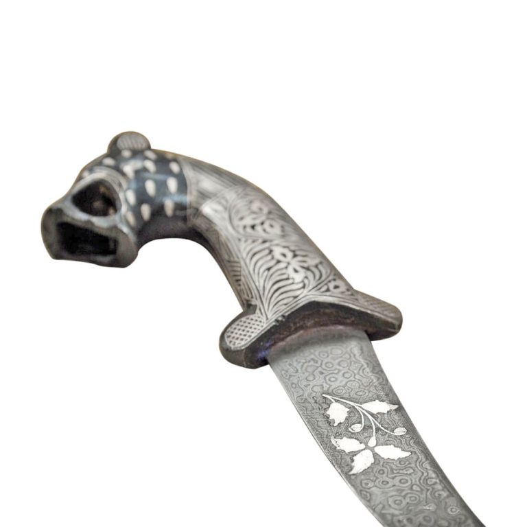 Small Damascus and Koftgari Inlay Indian Dagger with Tiger Head Pommel