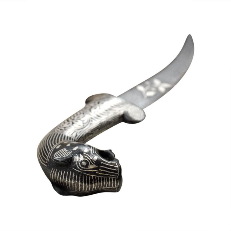 Small Damascus and Koftgari Inlay Indian Dagger with Tiger Head Pommel