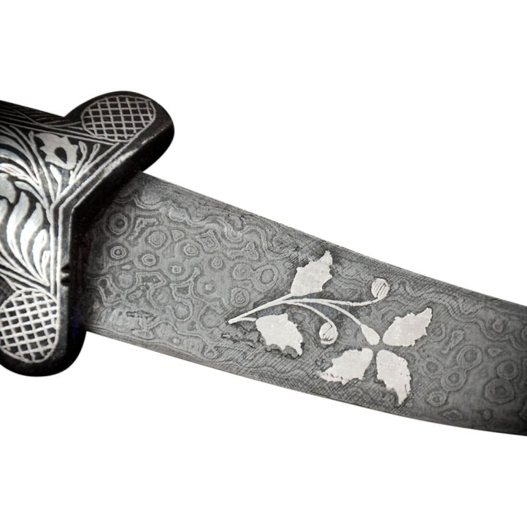 Small Damascus and Koftgari Inlay Indian Dagger with Tiger Head Pommel