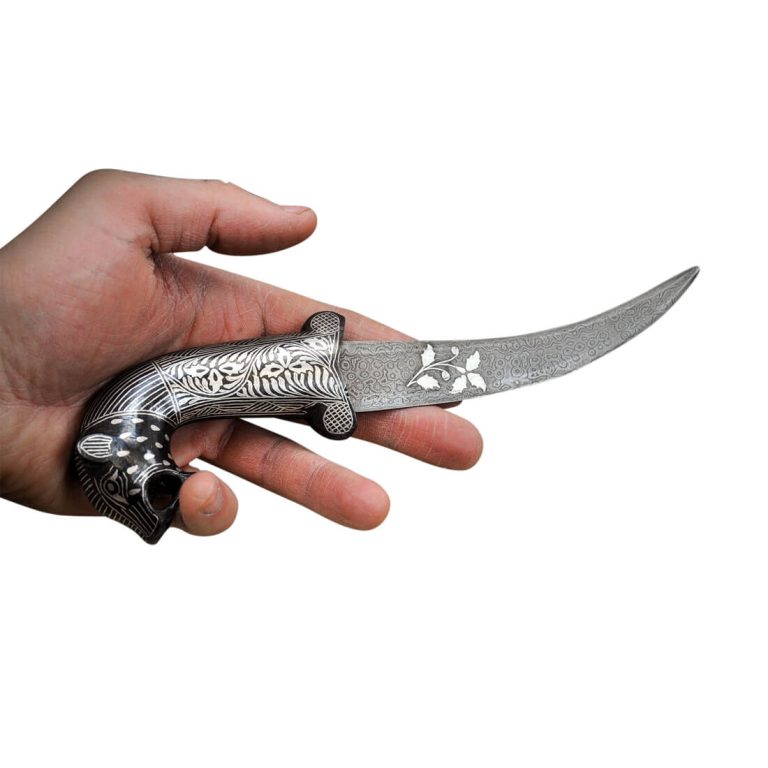 Small Damascus and Koftgari Inlay Indian Dagger with Tiger Head Pommel