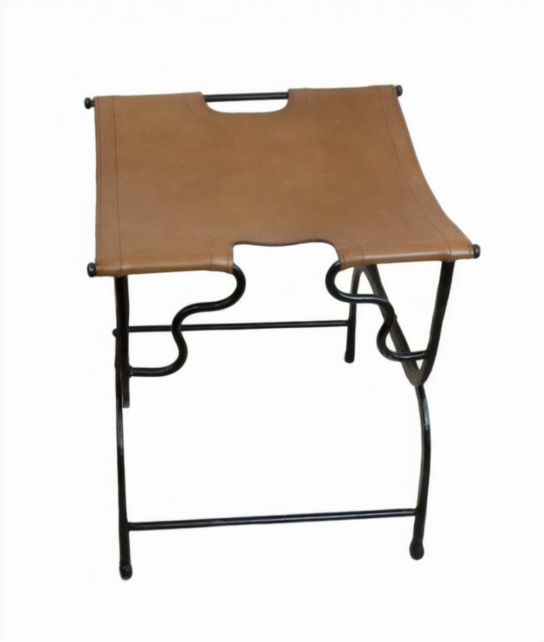 Folding Iron Stool with Leather Seat