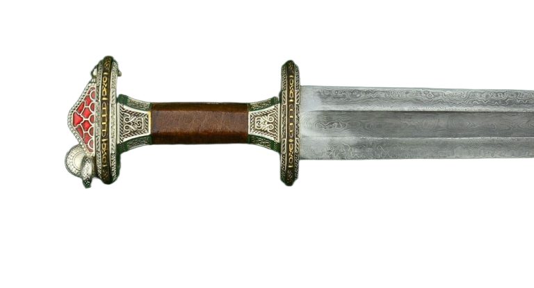 Scandinavian Vendel Chieftain's Sword with Damascus Blade - Tin Plated with Brass Hilt Accents