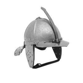 Step into the age of pikemen and cavalry charges with this authentic Lobster-Tailed Pot Helmet, modeled after the 17th-century “zischägge” cavalry helmet. Worn by soldiers across Europe during the Thirty Years’ War and similar conflicts, this helmet combined style, protection, and practicality. Its segmented lobster-tail neck guard shields the back of the neck while still allowing freedom of movement, while hinged cheek plates secure the sides of the face without restricting breath or vision. The rugged antique-distressed finish—complete with light hammer marks—adds to the historical realism, making it look like armor straight from the battlefield. Inside, a liner provides superior comfort, even during long hours of wear. The adjustable leather chin strap ensures a snug and secure fit. Dimensions:  Front to Back: 9.4″ Side to Side: 8″  Internal Circumference: 23″-24″ Weight: 5.5 lbs Gauge: 16 Gauge