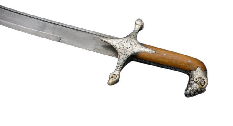 Damascus Silver Koftgari Indian Saber with Ram's Head