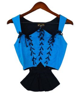 This Pleated Tail Bodice is constructed from thickly laced panels of durable cotton with antiqued brass grommets. Size Medium Only.