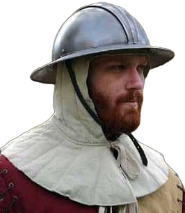 This thin arming cap / coif is made of a light tan cotton fabric with double tie front. This hood can be worn with many different types of helmets. Hand wash, hang dry. Helmet not included.