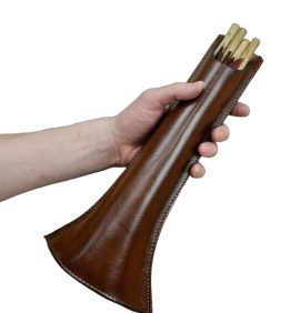 This crossbow quiver is robustly constructed from thick, stitched leather. It has an integrated belt loop that allows this quiver to hold several crossbow bolts from your belt.