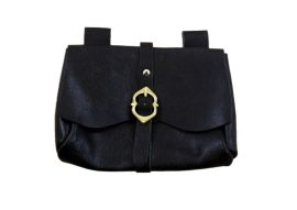 The Messengers Pouch is crafted from soft, stitched and riveted gray-black leather. Its lid can be closed with an adjustable pouch belt and buckle. Has two integrated belt loops.