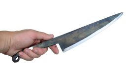 This large Medieval kitchen knife has a blade crafted from unsharpened high carbon steel. Like many medieval utility knives, the tang doubled as the handle to save the cost and time of making a wooden grip.