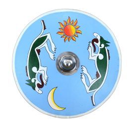 This Viking Shield is hand-painted with Norse Wolves; it is crafted with a core of Poplar wood which is tightly overlaid in a linen binding. The rounded horizontal grip is wood and the shield boss is steel.
Please Note: This item is handcrafted and handpainted, the hue of its colors and exact design can vary. The shield boss ships unmounted, so assembly is required. Mounting hardware is included.