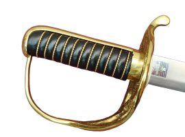 Prior to the Civil War Messrs. Sharp & Hamilton operated a farming implement company under the trade name of Nashville Plow Works. With the war looming, the owners converted their establishment into an armory. The Nashville Plow Works continued operations until April 1, 1862, when the city was taken by Federal troops.
The Nashville Plow Works Cavalry Saber features a tempered 1065 high carbon steel blade. The cast brass guard features ”CSA” and ”Nashville Plow Works” in block letters on the underside of the guard. The pommel and back strap are made from a single piece of brass. The grip is wrapped in black leather and twisted brass wire. Includes a blackened steel scabbard with brass mounts.