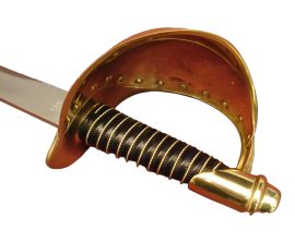 The 1860 Naval Cutlass is a fine reproduction of the cutlass designed by Ames and first carried in 1860. A fine addition to your Civil War armory. Features an unsharpened, hand forged, high carbon steel blade, with brass cup hilt and a leather and wire wrapped wood grip. Includes a leather scabbard with brass accents and belt frog. Its 25 1/2″ blade and brass basket hand-guard were well suited for the close quarters combat of wooden ships and iron men. Leather frog. 31 1/2″ overall. The Naval Cutlass Sword comes with scabbard.