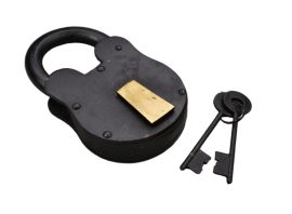 This giant Medieval padlock is handcrafted from iron and is fully functional. Robustly crafted, this hefty padlock comes with a matched set of keys to lock and unlock the padlock. Also attached is a solid brass lockplate which can swivel to cover the lock when not in use.
Sizing: 7 1/2″ x 4 1/4″ x 1 3/8″  / Weight: 4 lbs
