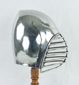 This Sport Combat Bascinet is of 16 gauge stainless steel with welded construction. The face guard visor is both fitted to the helmet and articulated with a set of screws which allow it to be raised. The interior of the helmet is blackened and unlined and features ample room for your own additional padding. Dimensions Front to Back: 8 5/8” – Side to Side: 8 1/2” Internal Circumference: 29 1/2” Gauge: 16 Stainless Steel Weight: 5 lb 9 oz