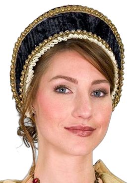 The finishing touch for many of our period gowns. This simple, yet elegant hat has been designed to match many of our dresses seen throughout our catalog or can be used with any of your existing outfits. Stiff interior with cotton velvet exterior. White Tudor edging with gold trim & ties complete this cute accessory. One size.