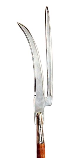 This style of Fauchard may have been an evolution on the war scythe, for while it has the long and sweeping blade of the war scythe it has also added a long, spear-like point. This forked polearm would have been an ideal tool for fending off or even reliably dismounting cavalrymen in a group melee. This reproduction of a Fauchard polearm has a head of high carbon steel which is mounted and dual-pinned onto a long haft of polished hardwood.