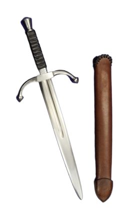 This dagger with its forward-sloping quillons is a blade intended to be a duelists companion; the large quillons not only protect the hand well, but the flared pyramidal quillon tips aid in trapping the blade of the opponent for the few critical moments needed to deliver the finishing strike. Not limited to a dueling weapon, this dagger does make an attractive prospect for the late-medieval or Renaissance person who wants a large fighting dagger that also manages to be fashionable on the belt.
The blade is high carbon steel and the guard and pommel are of steel. The quadrangular grip is overlaid with black leather and has a ribbed form for an improved grip. The dagger is accompanied with a companion scabbard of robust leather that has been stitched with thick leather lacing.