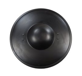 This buckler is crafted from 16 Gauge Steel that has been blackened for a finish. This buckler, because it is made from thinner steel than the 14 Gauge bucklers, is lighter and will wear less on the arm after a session of sparring or a day or sport fighting. The buckler is fitted with a riveted grip of iron surmounted by two carved slabs of wood for a grip.
A buckler was a common defense for the medieval or renaissance traveler; it could also often be worn by archers, crossbowmen and pikemen. Their reasons for carrying a buckler are all the same: Portability. The buckler was an unobtrusive, yet effective defensive tool – small, but stout, it could dash aside and deflect an opponents weapon and its metal body was strong and more likely to damage their weapon then to be damaged itself. It is a good companion to an arming sword that a traveler or soldier might carry as their sidearm.
Not simply a defensive tool, the buckler was small enough that a skilled wielder could use it as a weapon itself to bash the foe in close quarters – the hand on the grip is already in the form of a ready-made fist and the boss can give a bell-ringing blow to the foe. Perhaps an even more effective strike can be made by hitting the foe with the rim of the shield after it is shifted sideways in the hand – the thinner rim would concentrate the force of the blow, turning an already stout strike into a bone shattering strike.