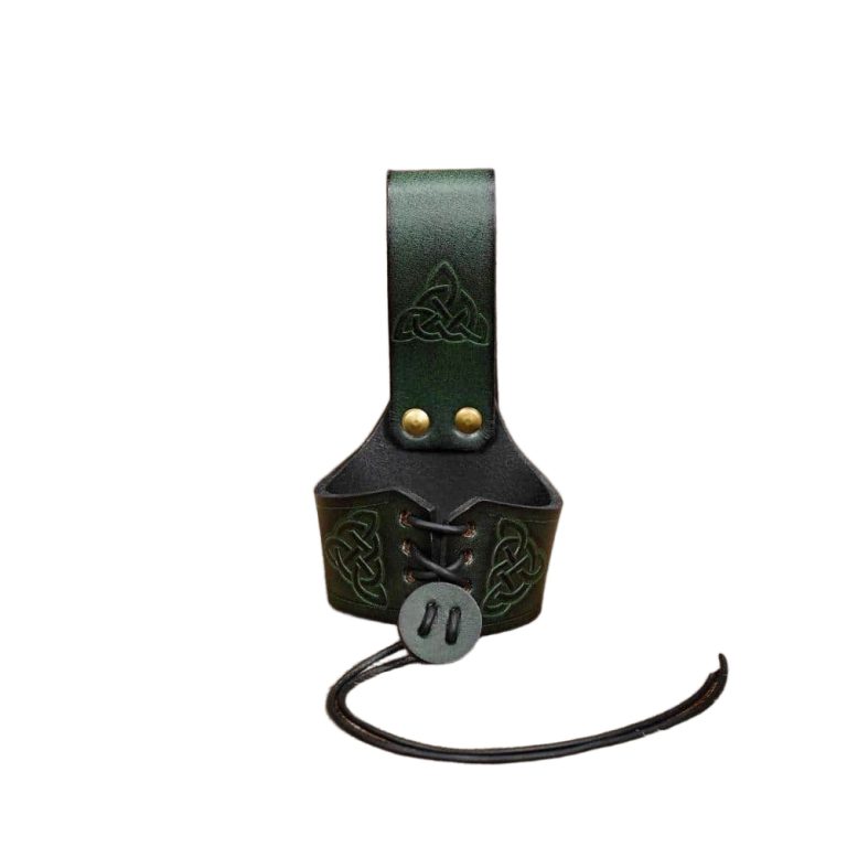 Green Leather Drinking Horn Holder - Smaller Size
