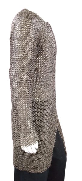 This hauberk is made from riveted flat rings – The rings are 18 gauge / 9mm stainless steel.
Please Note: Even though the rings are stainless, we cannot guarantee that the ring rivets are stainless.
The hauberk was a widely used defense among dark age and Medieval warriors. Hauberk comes from the Old Frankish word halsberg which originally is a reference to a mail item that protects the throat. Before the advent of partial plate armor in the high middle ages, it was common for the nobles and professional warriors of Europe to wear hauberks such as these as their primary armor – Such as the Norman Knights of the Bayeux Tapestry.
Essentially a metal mesh, the links dissipate the force of impacts and provide excellent defense against cuts and slashes, though a strong penetrating impact from armor piercing weapons, arrows and bolts could reliably split links apart. Chainmail was often paired with fabric or leather based armors beneath for additional protection, particularly for the absorption of blunt impact. When the mail defense was penetrated however, broken links could be forced into the wound, seeding it for infection. This drawback however was apparently not enough to discourage its ever-increasing use until the relatively late age of better plate armor.
The process of creating mail is labor intensive – hundreds of man hours to create a mail tunic. Metal wire must be wrapped around a wooden form, cut and then knitted into shape, usually being riveted through flattened ends previously pounded flat. In contrast to most cultures, the Japanese Kusari armor was not riveted, they simply pressed the two ends together. This is called butting the mail. Numerous different pattern methods of linking the mail together exist, changing to suit local tastes and times throughout history.
Though timely to create, mail could last for decades – the natural movement of the rings clears them of most rust, and it can be repaired with additional links, often scavenged from foes after conflict. It was expensive until the high middle ages, though we can see that wealthy and well-equipped soldiers in antiquity, such as the Celts and the Roman Legionaries wore mail tunics. The elite Cataphract cavalry of the Sassanid Persians were often covered head to toe in mail, likewise their well-armored horses – making them into tanks of the Classical Era. In later centuries we see the Norman knights and their counterparts of the early Middle Ages being covered head to toe in mail links. By the high middle ages the cost of mail began to drop several times over as armoring workshops and guilds began to utilize a production line method of crafting – no longer would a single armorer create his piece from start to finish, but a team would specialize their labors into limited, repetitive tasks. In England this change caused a 4 to 8 fold decrease in the cost of mail, making it no longer a defense affordable only to the wealthy or professional soldiery.
IMPORTANT SIZING TIP: To accurately measure whether you will comfortably fit into this coat of mail it is necessary to first wear the clothing or padded gambeson that you intend to wear beneath the chainmail. Then measure your chest size over these additional layers. This way the additional width of your chest with these accumulated layers is accounted for when determining if the mail will fit properly.
Please Note: The tools used to rivet these stainless mail rings often flake bits of mild steel onto the rings – these flake-offs often rust, giving some of the mail a rusted appearance. These can be buffed off with minor effort.
&nbsp;