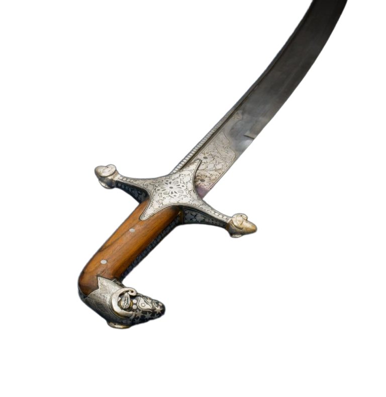 Damascus Silver Koftgari Indian Saber with Ram's Head