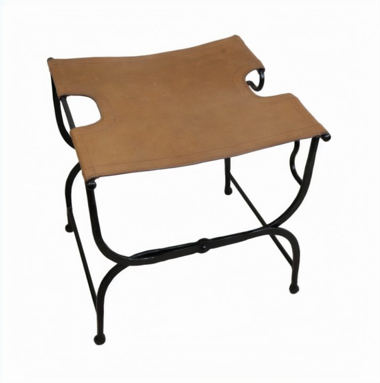 Folding Iron Stool with Leather Seat