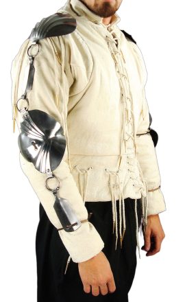 This pair of Jack Chains are crafted from 18 gauge high carbon steel that has been both riveted and welded together and articulated by its rings. It has been blackened on the inside of the plates. Comes with a set of leather ties. The Jack Chains have been demonstrated on a gambeson (15th century arming doublet). The gambeson is not included. Before attaching these jack-chains to a gambeson it is recommended that the inside of the plates be cleaned and de-greased to remove the rust-prevention oil on them – the oil may dirty a gambeson if the jack chains are not cleaned.
A set of jack chains might have often been the arm and shoulder defense for some professional men-at-arms and the levied militia soldiery of the late Medieval period who could not afford to deliver a weighty purse of coin to the armorsmith. A jack chain is quite simply some smaller plates of armor articulated by steel rings, tied and fitted over the arms of a padded gambeson. This was a lower cost upper-body defense that provided some plate in the areas most likely to receive a cutting strike.
A jack chain on the shoulders and arms prevents a sword or the cutting edge of a polearm from cutting into the arm deeply – though it may not look very protective at a glance it works by stopping a blade at the angles a cut is most likely to come from. It is claimed by many that a study on jack chains showed that they prevented 80% of cuts (we have been unable to find the source for this information).
Most of what is known of jack-chains comes from medieval art depictions, among the most notable of which is the soldier with jack-chains depicted on the 1489 Reliquary of St. Ursula. This and others hint that jack chains may have been common in the late Medieval period, and it makes sense considering the expense of fully encompassing and articulated arm armor of plate. It also seems to have been commonly worn by the Border Reivers of northern England and Scotland in later periods.
Please Note – Gambeson is for demonstration – it is not included.